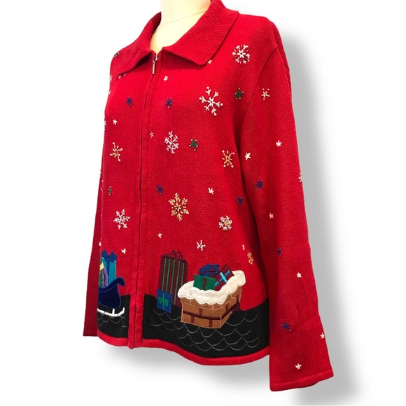 Planet & Company Womens Sz L Ugly Christmas Sweater Cardigan Santa Checking List - Picture 6 of 10